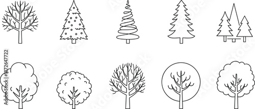 Trees Outline Icons Set, Forest and Park Deciduous, Coniferous, and Christmas Tree Types Line Art Vector Collection