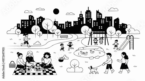 City park scene with people enjoying various activities outdoors.