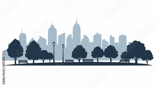 Cityscape Silhouette with Park Trees and Benches.