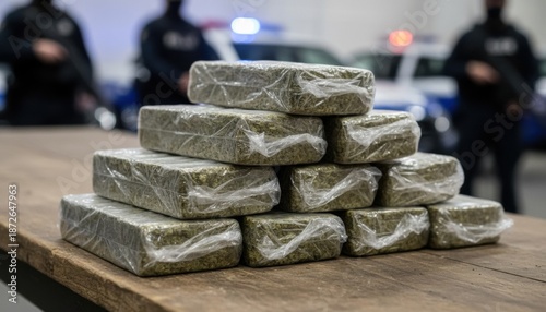 Seized drug bricks, wrapped in clear plastic, stacked on a table, police operation visible in the background.