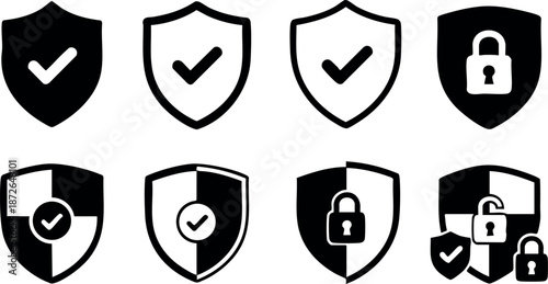 Security shield icons with check marks and padlocks for protection and safety design elements vector illustration