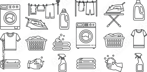 Laundry and cleaning outline icons set, washing machine, iron, clothesline with clothes items