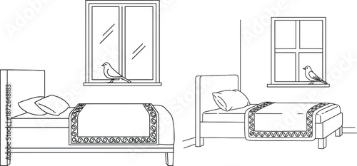 Line art bedroom with decorative bedspread and bird on windowsill, simple aesthetic