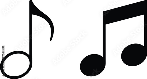 Simple black outline eighth note and solid sixteenth note vector icons isolated on white background for musical design.