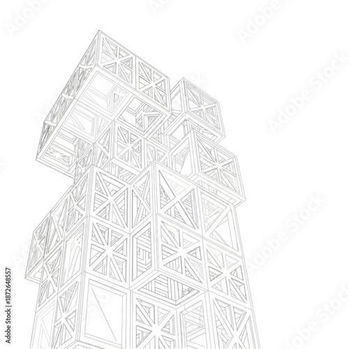 Detailed architectural illustration of a modern geometric building structure with intricate latticework design and clean lines on a white background for construction
