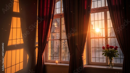 Window with Curtains and Flowers at Sunset.