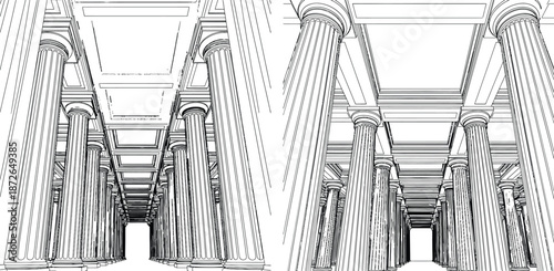 Linear drawing of majestic colonnade architecture, perspective view emphasizing depth and geometric precision