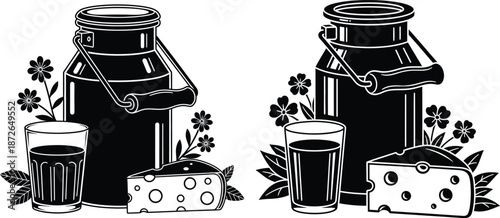 Milk can, glass, and cheese still life with flowers in outline style illustration