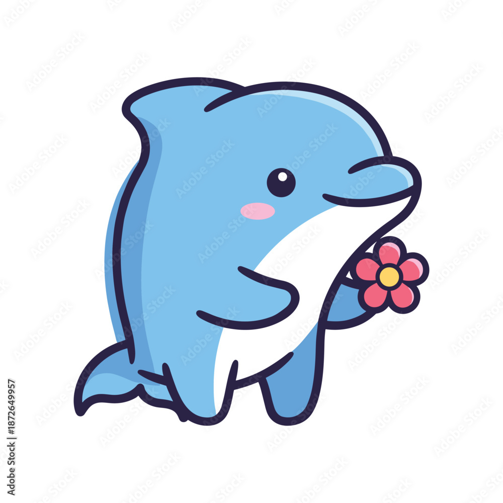 Fototapeta premium Adorable Cartoon Dolphin with Flower Illustration