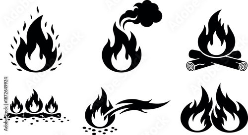 Fire icons set with flames smoke and campfire vector illustration for design and graphic projects