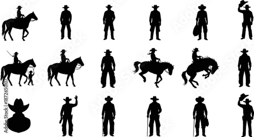 Western cowboy silhouettes vector illustration set, black rodeo men and horses collection for logo, poster, t shirt, design, branding icons isolated elements