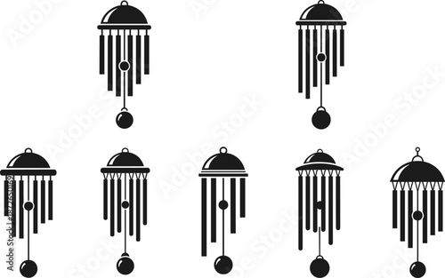 Wind chime silhouette collection, hanging garden and home decor ornaments, zen relaxation symbols, black vector illustration isolated on white background