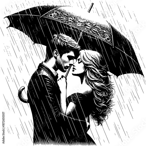 Eternal Embrace: A tender moment of love unfolds under the shelter of an umbrella, where two hearts intertwine amidst a gentle downpour. Capturing love and closeness, a portrait of romance.