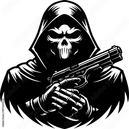 Grim Reaper with Firearm: A menacing Grim Reaper, cloaked in a hooded robe, holds a firearm, embodying the themes of mortality, danger, and the inevitable end. 
