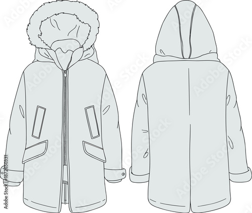 Winter parka coat front and back view, vector fashion flat sketch design with fur hood, long sleeve, pocket details illustration