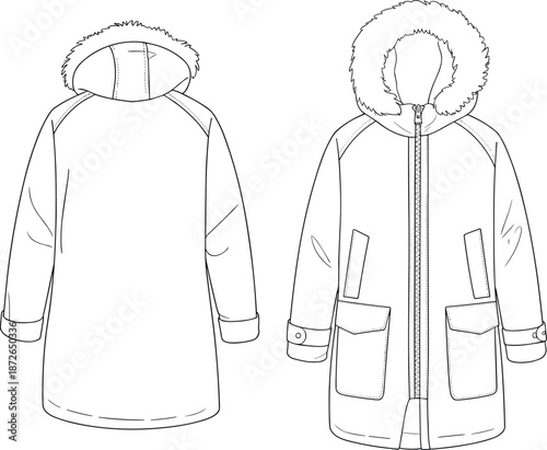 Winter parka coat technical fashion flat sketch, long sleeve hooded jacket design with fur trim, detailed front and back view illustration