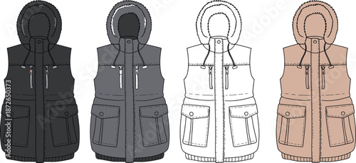 Winter sleeveless puffer jacket with hood front view, vector fashion flat sketch showing design details and color variations for apparel template