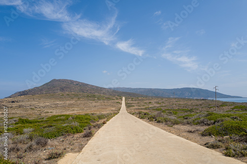 Tablou pe pânză A concrete road stretches toward distant hills and the sea, cutting through arid Mediterranean scrubland under a bright blue sky in Asinara National Park, Sardinia