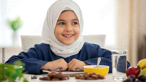 Young Girl Wearing White Hijab Eating Breakfast.