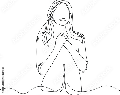 Continuous Line Illustration of Woman Holding Hands on Chest. Minimalist Line Art Concept of Self Love, Gratitude, Emotional Healing, and Inner Peace