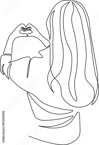 Continuous Line Illustration of Woman Making Heart Shape with Hands from Back View. Minimalist Line Art Concept of Love, Affection, Self Love, and Positive Emotion