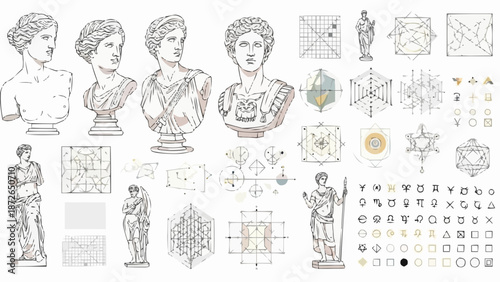 Collection of Ancient Greek Roman Statues and Geometric Designs.