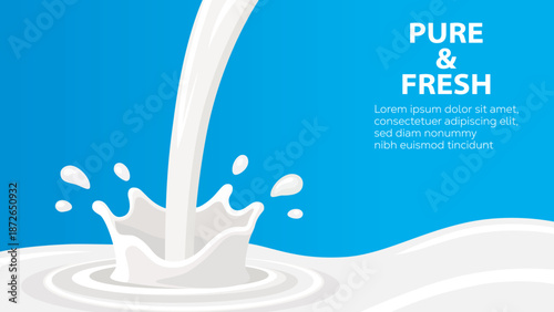 Pouring milk splash with a bright blue background and 'pure & fresh' text
