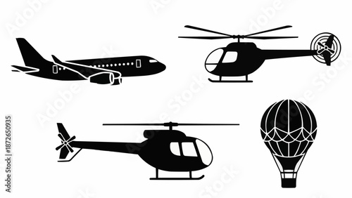 Collection of aircraft silhouettes including airplane helicopter and hot air balloon.