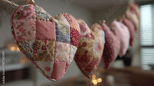 valentine day in patchwork style concept. Colorful fabric hearts hanging in a cozy indoor setting.