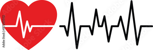 Red heart with black heartbeat pulse line vector illustration set for medical cardiology healthcare fitness and life monitoring.