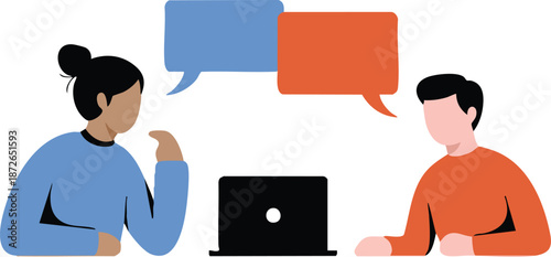 Two People Talking with Speech Bubbles and Laptop, Vector Illustration of a Peer Review Session, vector, illustration, silhouette