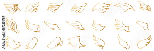 Gold angel wing silhouette icon . Collection of gold wing silhouettes showing different shapes and angles, ideal for design, tattoos, logos, and symbolic or fantasy concepts.

