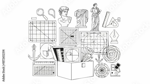 Collection of artistic and scientific tools and sculptures.