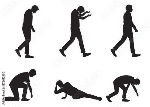 Silhouettes of man in various poses on black background