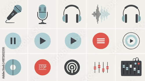 Collection of audio and music icons and symbols.