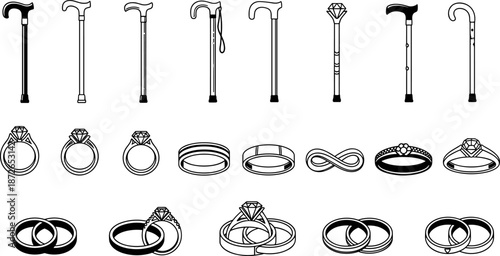 Walking cane and ring silhouette vector collection featuring vintage canes, diamond jewelry, wedding bands icons set for luxury design, fashion branding, romance graphics, and illustration projects