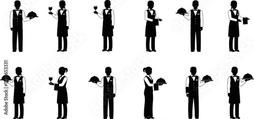 Waiter and waitress silhouettes set, restaurant service staff holding trays and wine glasses, professional hospitality vector illustration collection, for hotel dining industry