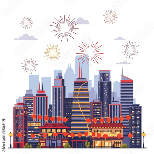 A vibrant city skyline at night with fireworks exploding in the sky, featuring a mix of modern and traditional buildings with bright lights and red lanterns. Perfect for celebrations,