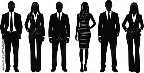 Black silhouettes of business professionals and successful corporate team members for office architectural rendering cad drawing flat vector illustration set isolated