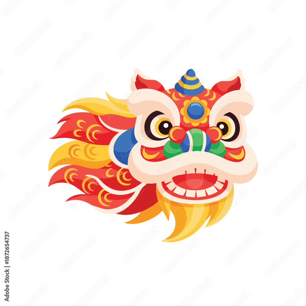 Fototapeta premium A colorful illustration of a lion dance mask with intricate designs and vibrant red, yellow, and blue patterns on a white background. Perfect for cultural festivals, educational materials,