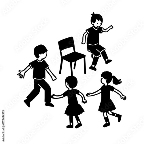 Cartoon happy children playing musical chairs vector illustration. Kids excitedly walking around the chairs vector illustration. Fun and childhood concept. Isolated on white ..
