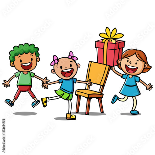 Cartoon happy children playing musical chairs vector illustration. Kids excitedly walking around the chairs vector illustration. Fun and childhood concept. Isolated on white ..