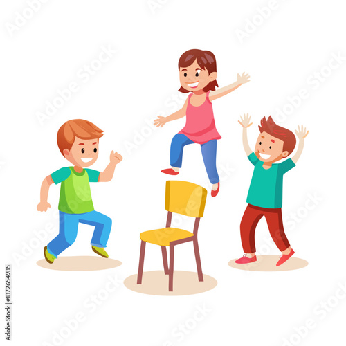 Cartoon happy children playing musical chairs vector illustration. Kids excitedly walking around the chairs vector illustration. Fun and childhood concept. Isolated on white ..