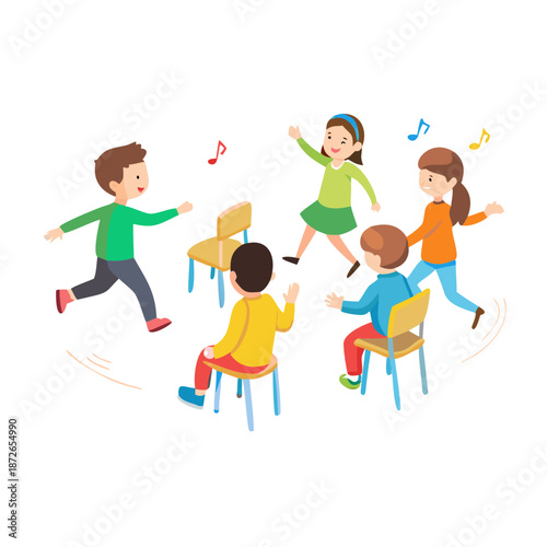 Cartoon happy children playing musical chairs vector illustration. Kids excitedly walking around the chairs vector illustration. Fun and childhood concept. Isolated on white ..