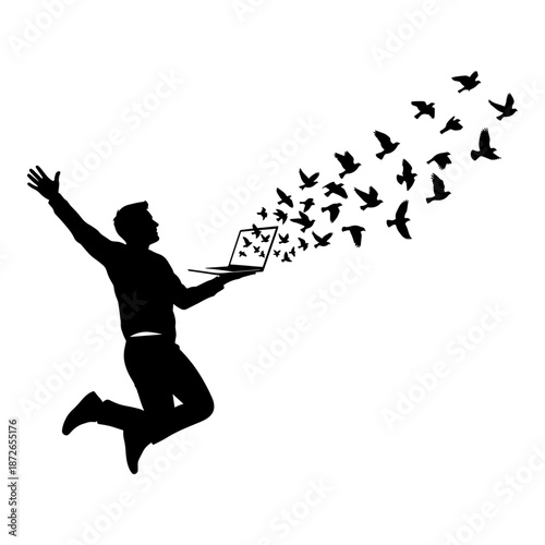 Happy Man Silhouette Jumping With Laptop And Birds Flying Out Of Screen Illustration
