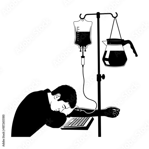 Silhouette Of Exhausted Man Sleeping On Keyboard Connected To Coffee IV Drip Illustration