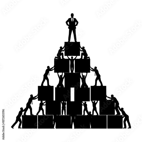Silhouette Of Business Leader Standing On Top Of Pyramid Built By Teamwork Illustration