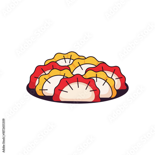 A digital illustration of a plate of dumplings with red and yellow toppings on a white background. Perfect for food blogs, restaurant menus, and culinary advertisements.