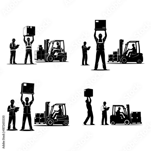 Set Of Warehouse Logistics Workers And Forklift Silhouette Scenes Illustration