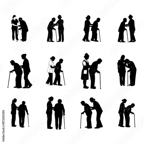 Set Of Nurse Caregiver Silhouettes Assisting Elderly People With Walking Sticks Illustration